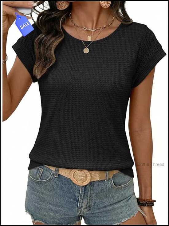 Tops - Waffle Knit Lace Sleeve T-Shirt Crewneck Summer Top Loose Fit Blouse